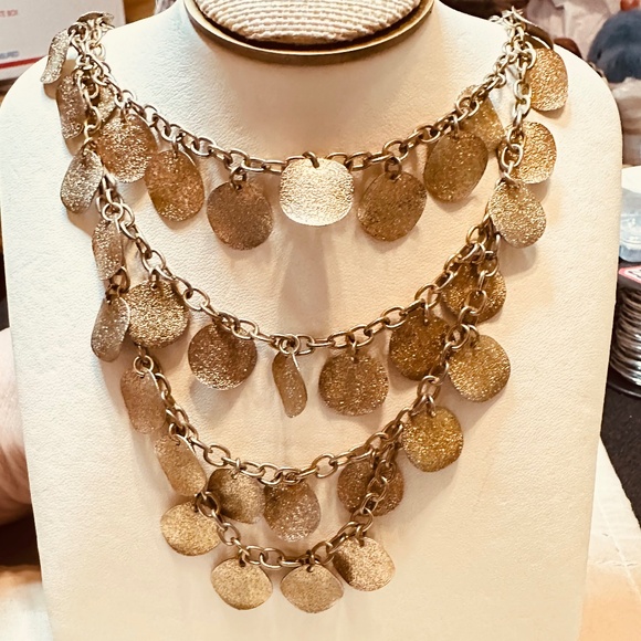 Gold Tone 4 Strand Layered Bib Necklace w/Several Round Discs per Layer - Picture 3 of 10